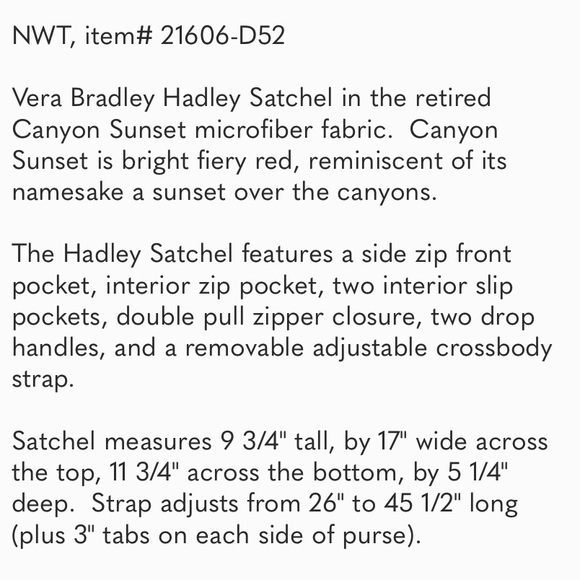 VERA BRADLEY CANYON SUNSET HADLEY SATCHEL - Picture 6 of 16